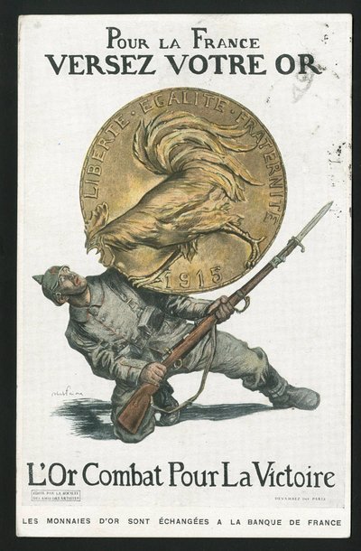 Postkort, Satirique en Colours, ca. 1915: For Frankrike, helle gullet ditt - 14-18-krigen, Tyskland Preussen, sølv, krigerske og symboler, seier, lån, patriotiske reise - Hane - Illustrasjon av Abel Faivre (1867-1945) av Jules Abel Faivre