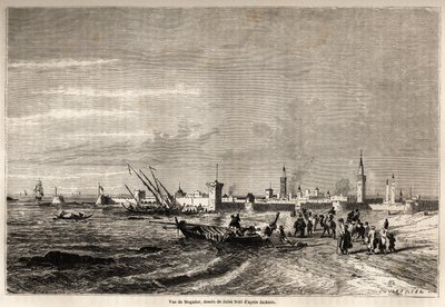 Utsikt over Essaouira (tidligere Mogador), tegning av Jules Noel (1810-1881), for å illustrere Mr.F. Schicklers reise til Marokko i 1860. Gravering i "" Le tour du monde, nouveau journal des voyages"" Paris av Jules Achille Noel