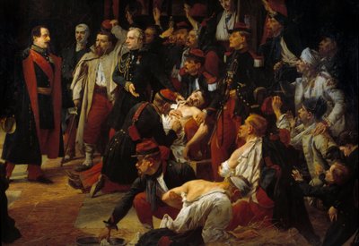 Keiser Napoleon III besøker de franske, piemontesiske og østerrikske sårene fra slaget ved Montebello til ambulansene til Voghere i mai 1859. Detail. Maleri av Jules Rigo (1810-1892) 1859 Paris, Museum of the Val de Grace av Jules Alfred Vincent Rigo