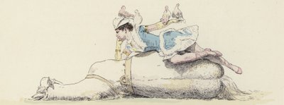 Sirkusartist, liggende på en hest, med duer på armen og hodet (farge litho) av Jules Arsene (after) Garnier