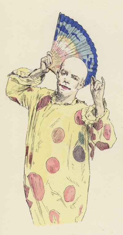 Klovn som holder en vifte (farge litho) av Jules Arsene (after) Garnier