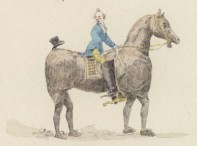 Klovn på kostymehest (farge litho) av Jules Arsene (after) Garnier