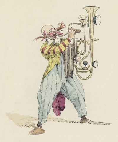 Klovn spiller et uvanlig musikkinstrument (farge litho) av Jules Arsene (after) Garnier