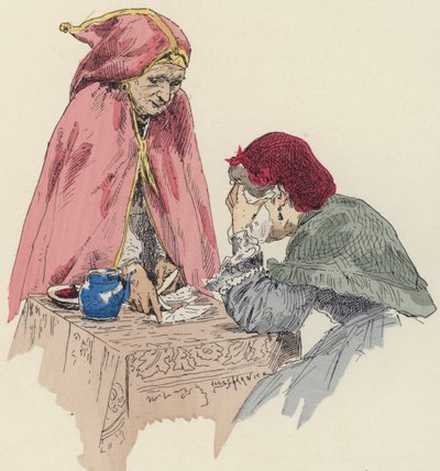 Spåkone på messen (farge litho) av Jules Arsene (after) Garnier