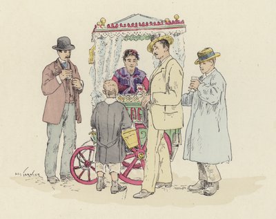Lemonadeselger på messen (farge litho) av Jules Arsene (after) Garnier