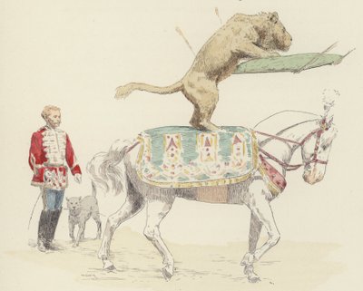 Løve balanserer på hest (farge litho) av Jules Arsene (after) Garnier