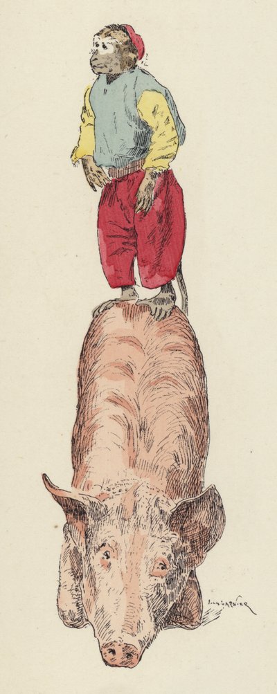 Ape som rir på en gris (farge litho) av Jules Arsene (after) Garnier