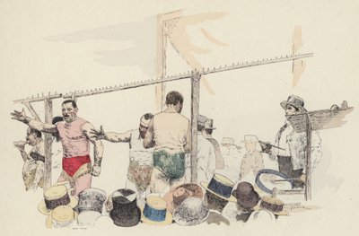 Sideshow på messen (farge litho) av Jules Arsene (after) Garnier