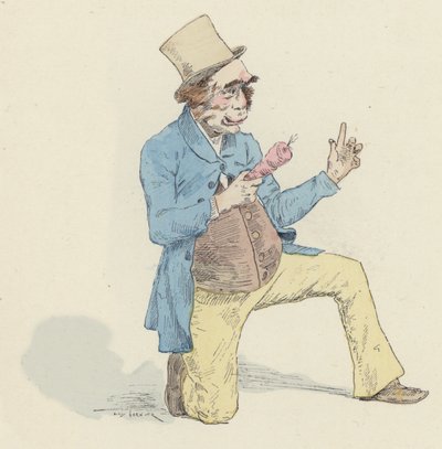 Mannlig klovn, forkledd som en ape, holder en banan av Jules Arsene Garnier