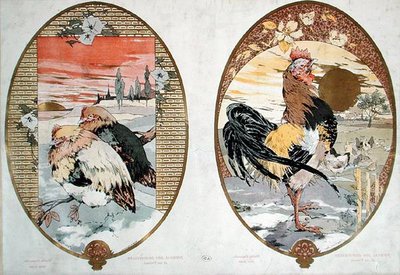 Hane og kyllinger, design for en skjerm, ca. 1900 (farge litho) av Jules Auguste Habert Dys