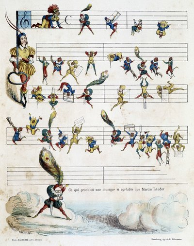 Noter av musikk på et partitur, tegning av Baric fra 1862 for å illustrere Kroknotskis barnebok som forteller historien om Martin Landor. av Jules Baric