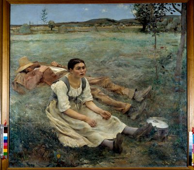 Hay En kvinne som sitter i gresset ved siden av en mann som sover i høstsesongen. Maleri av Jules Bastien Lepage (1848-1884) 1877 Søn. 1,80 x 1,95 m av Jules Bastien Lepage