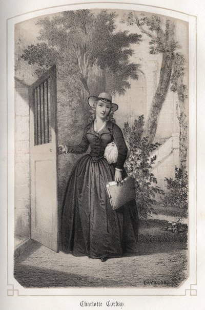 Portrett av Charlotte Corday (1768 - 1793). i ""The illustrious women of France"" av grevinne DROHOJOWSKA. ILLUSTER AV DRUTS AV MM JULES OG BAYALOS. rundt 1850. av Jules and Bayalos Aime de David