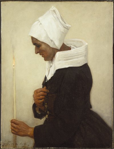 Bretonsk bondekvinne som holder en taper, ca. 1869 av Jules Breton