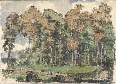 Vei i skogkant, med bønder i arbeid av Jules Chadel