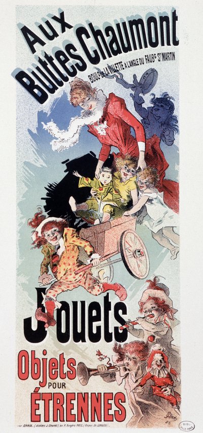 Reklame for leker i butikken "" Les Buttes Chaumont"" - av Jules Cheret, ca. 1890 av Jules Cheret