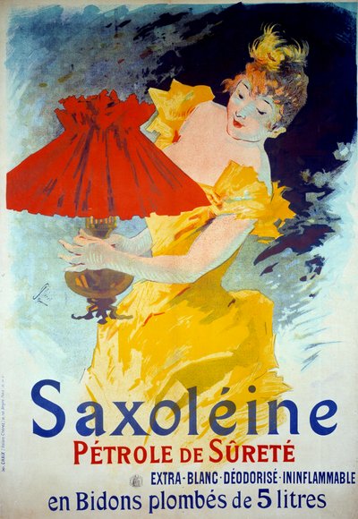 Reklameplakat for produktet «Saxoleine Petrole de surete»»: En kvinne legger olje i en lampe. Plakatreklame 