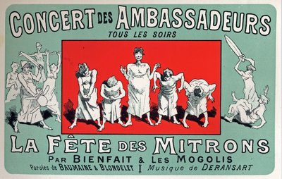 Kunst. Underholdning. Bakers guttefest på Cabaret: Concert des Ambassadeurs, Paris. Plakat av Jules Cheret, Frankrike, ca. 1880 (plakat) av Jules Cheret