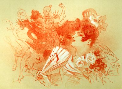 Ved ballet - tegning (sanguine) av Jules Cheret (1836 - 1932) - unge kvinner og dansere - dans - privat samling - av Jules Cheret