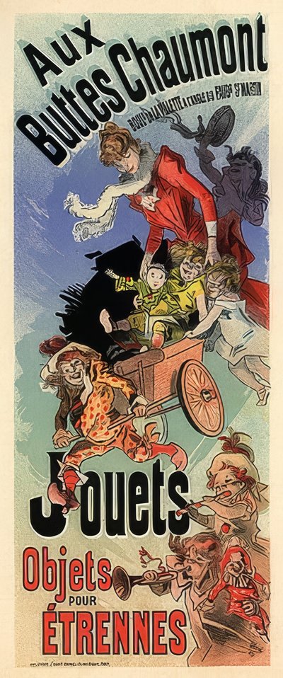 Aux Buttes Chaumont. Reklameplakat for en lekebutikk. Rundt 1900 av Jules Cheret
