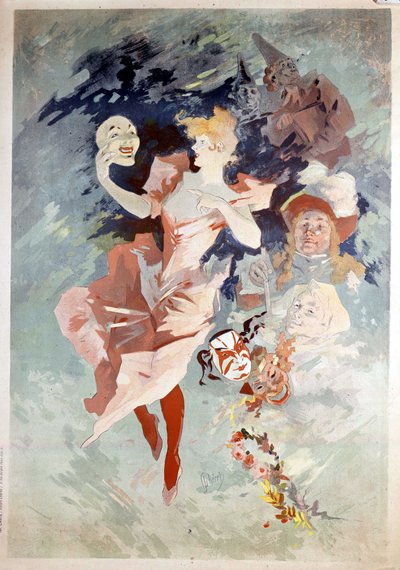 Karnevalsplakat av Jules Cheret: kvinne med maske, B.N. Paris. 1800-tallet. av Jules Cheret