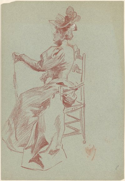 Elegant dame sitter i en stol av Jules Cheret