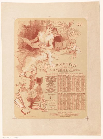 Kalender for bokhandel Abel Pilon og forlegger A. Le Vasseur & Cie for året 1891 av Jules Cheret