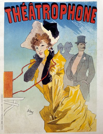 Plakat for teatrofonen: en ung elegante lytter til et teaterstykke til lytterne. Illustrasjon av Jules Cheret (1836-1932) Paris fra 1800-tallet, dekorativ kunst av Jules Cheret