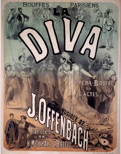 Plakat for operetten "Diva" satt til musikk av Jacques Offenbach (1819-1880) på Parisian Bouffes av Jules Cheret
