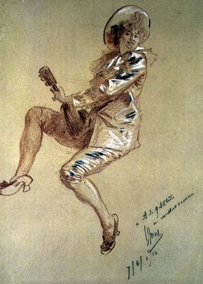 Sittende Pierrette og spiller mandolin av Jules Cheret