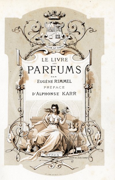 Tittelside med et våpenskjold og en kvinne som holder en rose, sittende på en trone - Illustrasjon av Jules Cheret (1836-1932) fra Le Livre des Parfums av Eugene Rimmel (1820-1887), Frankrike av Jules Cheret