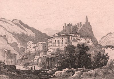 Utsikt over Nicastro, Calabria, Italia, stålgravering av Dunaime etter tegning av Jules Coignet (1798-1860), ca 13x10 cm av Jules Coignet
