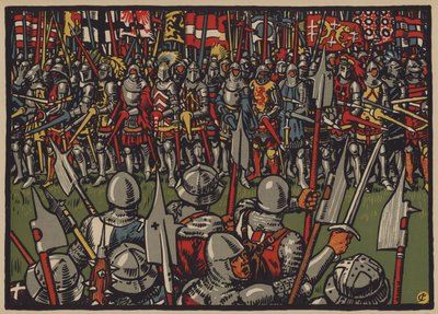 Sveitsernes seier over østerrikerne i slaget ved Sempach, 9. juli 1386 (farge litho) av Jules Courvoisier