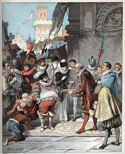 Sancho Panza appointed as governor of Barataria island - Sancho Panza is made Perpetual Governor of Barataria Island - Illustration of Jules David (1808-1892) from Histoire de Don Quixote (Don Quixote) - 1887 - by Miguel de Cervantes Saavedra (1547-1616) - av Jules David