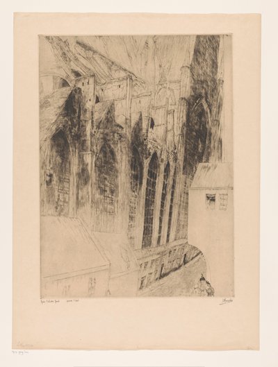 Utsikt over sidefasaden til Sint-Niklaaskerk i Gent Eglise St Nicolas Gand (tittel på objekt) Rue du Chapeau Rouge a Gand av Jules De Bruycker (signed by artist)