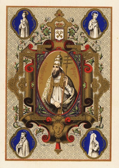 Portrett av Saint Gregory, pave Gregory I, med triregnum eller trippelkrone, og pavelig ferula, innenfor en dekorativ kant av Jules Desportes