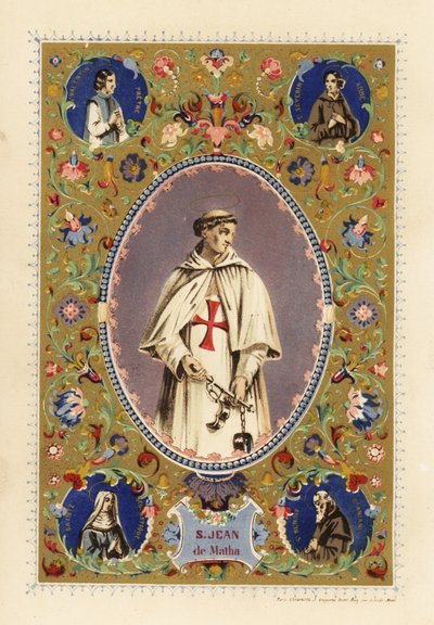 Portrett av Saint John of Matha, grunnlegger av Ordenen av Den Aller Helligste Treenighet, med glorie, i korsfarerkapper, med lenker av frigjorte kristne av Jules Desportes