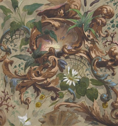 Design for tapeter med skjell, vannliljer og nøster, 1830-97. Skapere: Jules-Edmond-Charles Lachaise, Eugène-Pierre Gourdet. av Jules Edmond Charles Lachaise and Eugène Pierre Gourdet