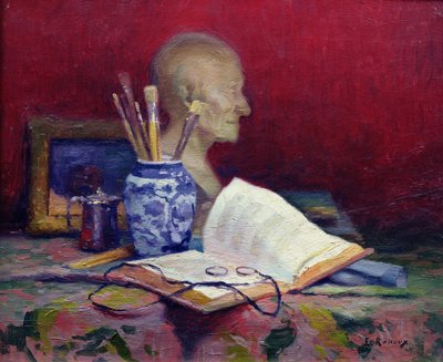 Stilleben med Head of Voltaire av Jules Ernest Renoux