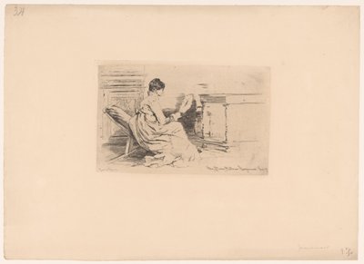 Kvinne med vifte i lav stol av Jules Ferdinand Jacquemart (attributed to)