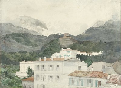 Landhus ved foten av fjellene, høye fjell foran, La Turbie av Jules Ferdinand Jacquemart