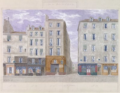 No.28 to No.34 Rue du Four, Paris, Frankrike, 1893 (wc på papir) av Jules Gaildrau