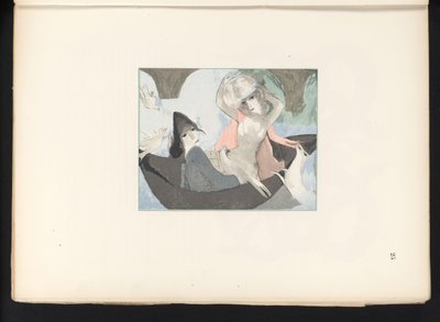 To kvinneskikkelser med fugler og en hund av Jules Germain