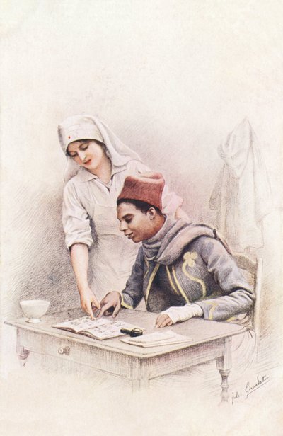 Lesetime. Postkort av "The War of Nations" som representerer en sykepleier fra Røde Kors som lærer å lese for en senegalesisk skoer av Jules Girardet