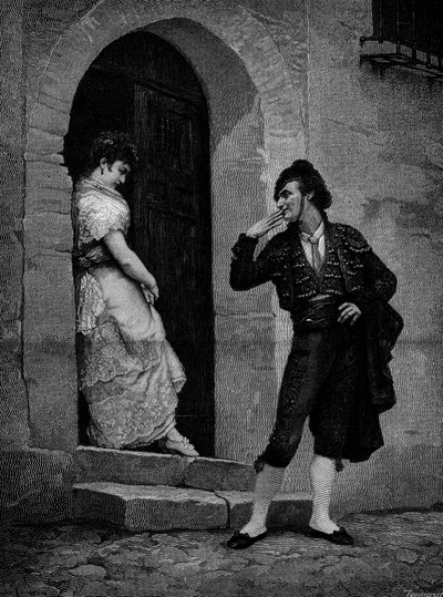 Starten på tyrefekteren for løpet. 1800-tallet. Gravering etter maleriet av Rougeron (Jules James Rougeron av Jules James Rougeron