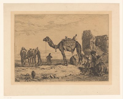 Landskap med kameler i ruin Sous les murs de Teheran (Perse) av Jules Joseph Augustin Laurens (signed by artist)