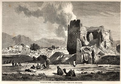 Forstedene til Teheran (dagens Iran). Tegning av Jules Laurens (1825-1901), for å illustrere Arthur Gobineaus reise til Persia fra 1855 til 1858. Gravering i “” Le tour du monde, nouveau journal des voyages”” Paris av Jules Joseph Augustin Laurens