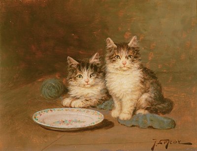 To kattunger med en tom bolle (olje på panel) av Jules Leroy