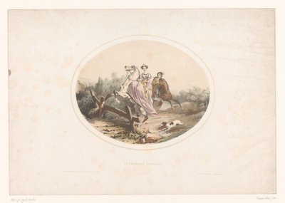 Adelskvinne hopper over et gjerde med hest La Barrier Franchie (tittel på objekt) av Jules Marie Desandre