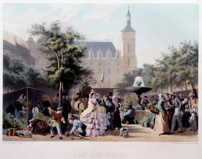 Utsikt over Quai aux Fleurs i Paris Turen på Ile de la Cite. Litografi av Jules Marie Desandre (1845-?) Paris fra 1800-tallet, Musee Carnavalet av Jules Marie Desandre